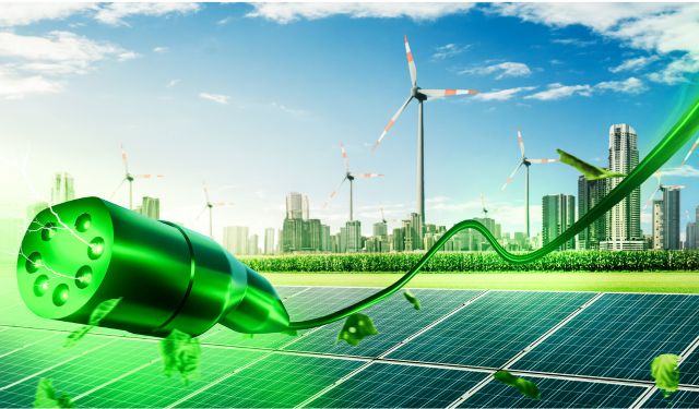 green plug solar panels and wind turbines powering the city